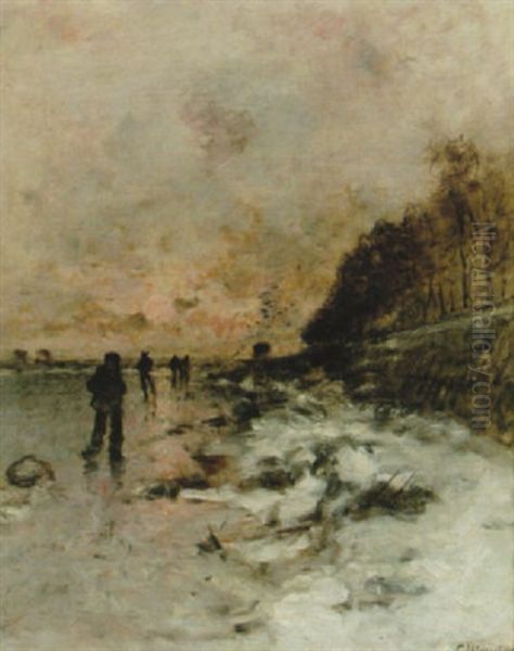 Vinterlandskap Med Skridskoakare Oil Painting by Ludwig Munthe