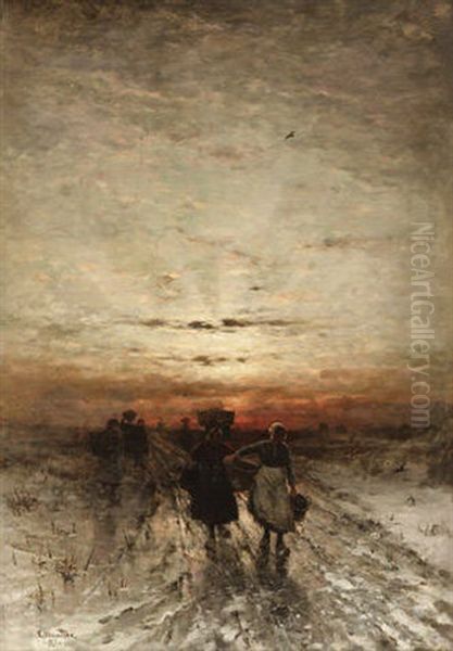 Heimkehrende Hollandische Bauersfrau Im Abendlicht Im Winter Oil Painting by Ludwig Munthe