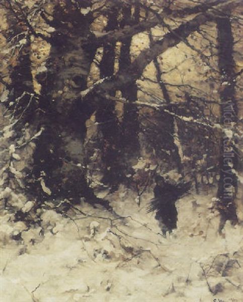 A Wood-gatherer In A Wintry Forest Landscape Oil Painting by Ludwig Munthe