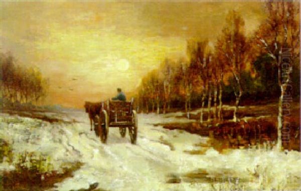 A Horse And Cart On A Track In A Frozen Winter Landscape Oil Painting by Ludwig Munthe