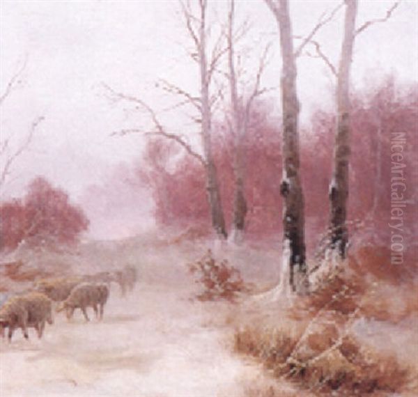 Verschneite Winterlandschaft Mit Vorbeiziehenden Schafen Oil Painting by Ludwig Munthe