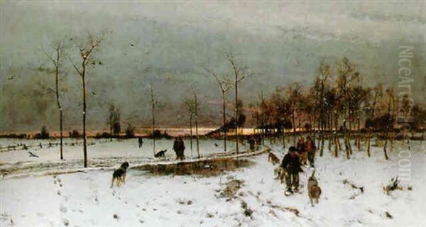 Hunters With Their Dogs In A Winter Landscape At Sunset Oil Painting by Ludwig Munthe