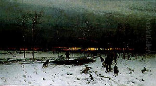 Winter: A Hunting Party Returning Home At Dusk Oil Painting by Ludwig Munthe