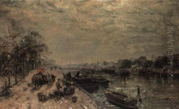 Unloading The Catch On A Quay Before A Town Oil Painting by Ludwig Munthe