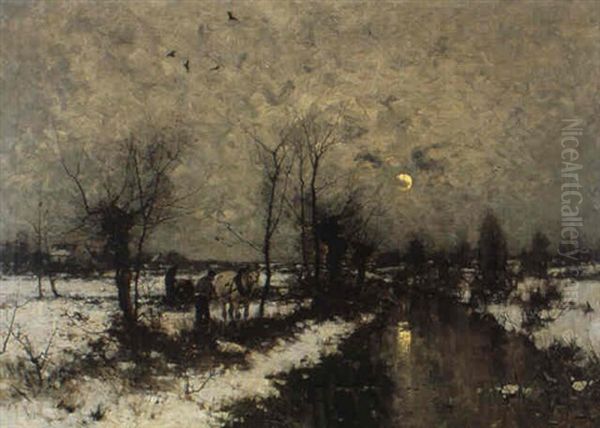 Winterlandschaft Mit Weidengesaumtem Fluschen Im Mondlicht Oil Painting by Ludwig Munthe