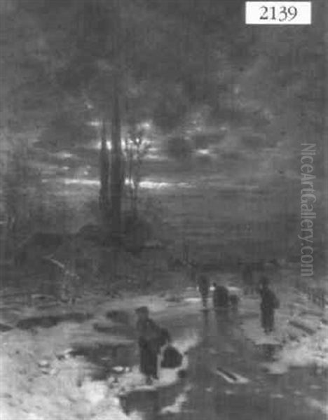 Figures In Snow Oil Painting by Ludwig Munthe