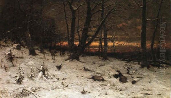 En Vinterdag I Skoven, Solnedgang Oil Painting by Ludwig Munthe