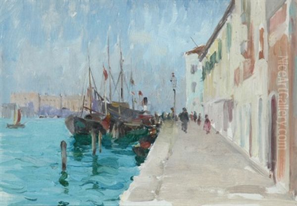 Moored Boats Venice Oil Painting by Josephine Mary Muntz Adams