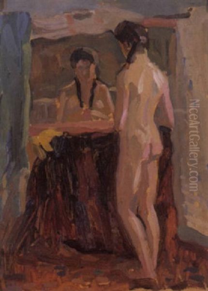 Studio Nude In Mirror Oil Painting by Josephine Mary Muntz Adams