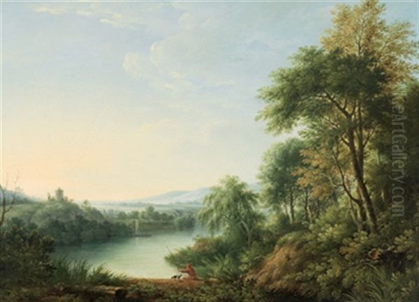 Bewaldete Flusslandschaft Mit Einem Angler Oil Painting by Johann Heinrich Muntz