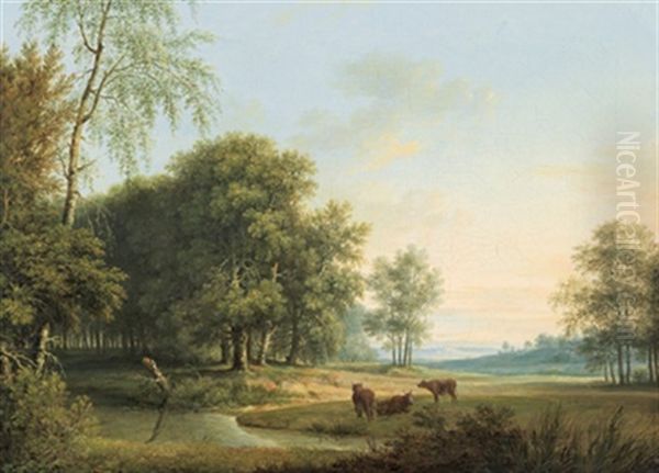 Bewaldete Landschaft Mit Drei Kuhen Oil Painting by Johann Heinrich Muntz