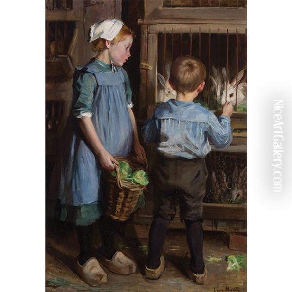 Children Feeding The Rabbits Oil Painting by Laura Adeline Muntz