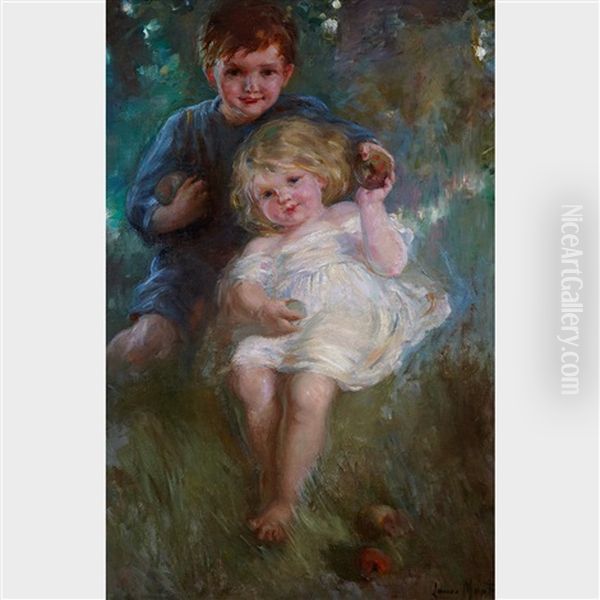 Portrait Study Of Two Children In An Orchard Oil Painting by Laura Adeline Muntz