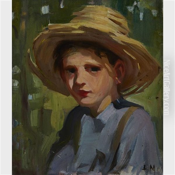 Boy With A Straw Hat Oil Painting by Laura Adeline Muntz