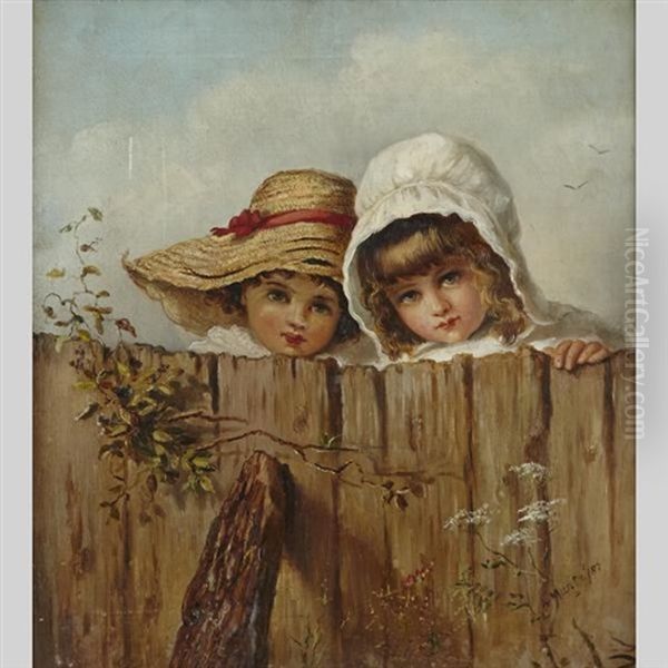 White Bonnet And Straw Hat - A Double Portrait Of Two Young Girls Oil Painting by Laura Adeline Muntz