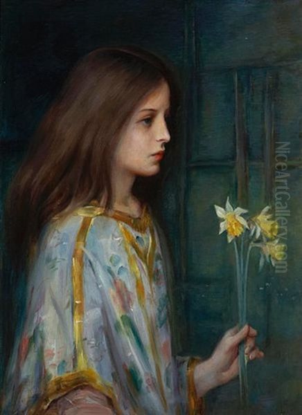 A Young Girl Holding Daffodils Oil Painting by Laura Adeline Muntz