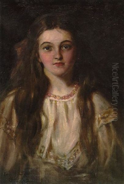 Young Girl In Cream Dress Oil Painting by Laura Adeline Muntz