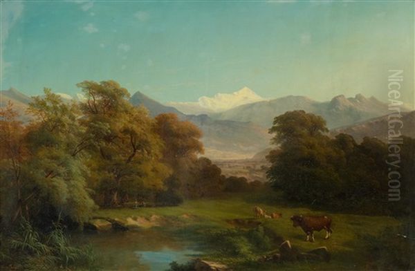 Le Mont Blanc Avec Etang Et Vaches Au Premier Plan Oil Painting by Jean-Baptiste Muntzberger