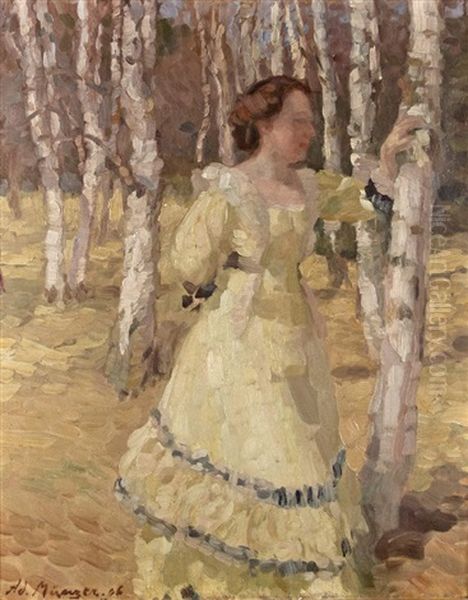 Young Woman In A Birch Grove Oil Painting by Adolf Muenzer