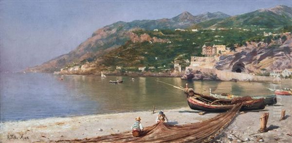 Pescatori Sulla Spiaggia Oil Painting by Angelo Della Mura