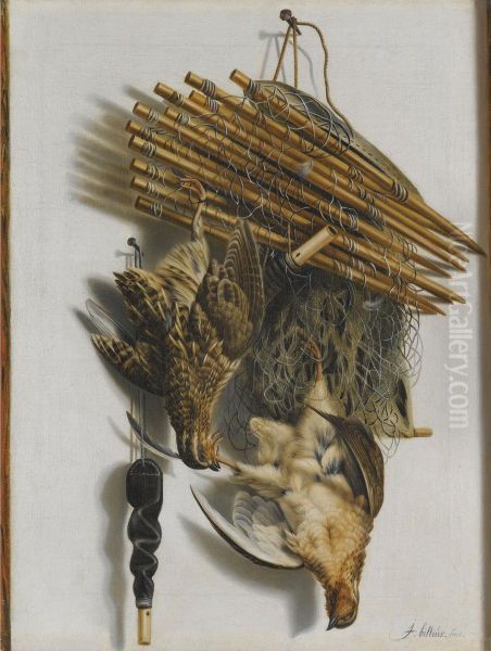 A Trompe L'oeil Still Life With Two Quails, A Bird-net And A Whistle Oil Painting by Jacobus Biltius