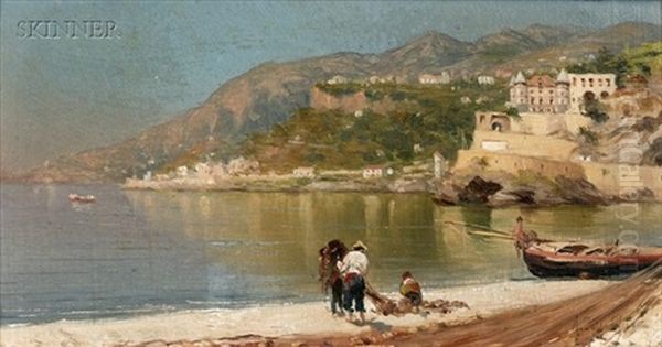 Fishermen On The Beach Oil Painting by Angelo Della Mura