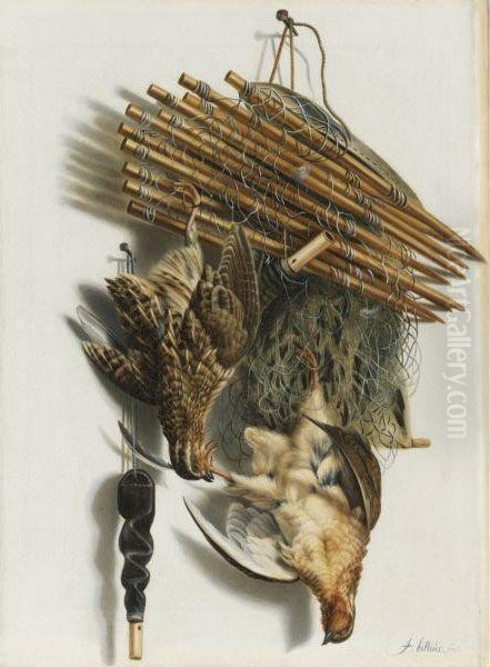 Trompe L'oeil Still Life With Two Quails, A Bird Net And Awhistle Oil Painting by Jacobus Biltius