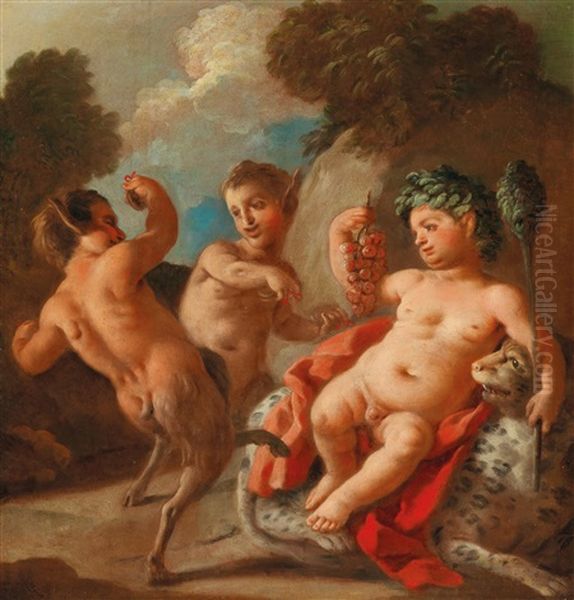 Bacchus With Satyrs; And Zeus As A Swan With The Dioscuri (collaboration W/studio) Oil Painting by Francesco de Mura