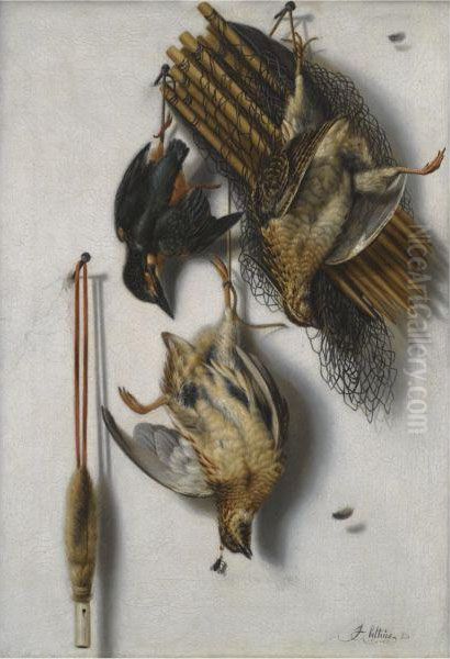 A Trompe L'oeil Still Life With Two Quails, A Kingfisher, A Birdnet And A Whistle Oil Painting by Jacobus Biltius