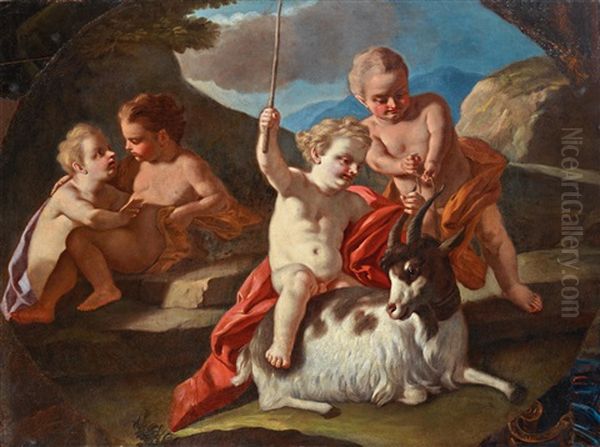 Four Putti Playing With A Goat Oil Painting by Francesco de Mura