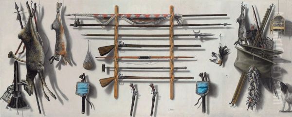 A Trompe-l'oeil Of An Arms Rack With A Leading Staff, A Partizan, Amatchlock Musket, A Longbow, A Fowling Piece With Pistols, Gamebags, Dead Game And Other Instruments Of The Chase Hanging On Awall Oil Painting by Jacobus Biltius