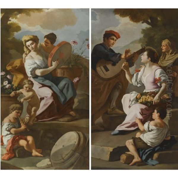 An Allegory Of Spring: Figures In A Garden With Flowers In Terracotta Pots With A Woman Playing The Tambourine And A Young Boy The Recorder (+ An Allegory Of Autumn; Pair) Oil Painting by Francesco de Mura