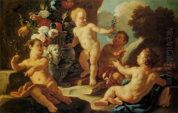 Putti Con Vaso Di Fiori E Paesaggio Sullo Sfondo Oil Painting by Francesco de Mura