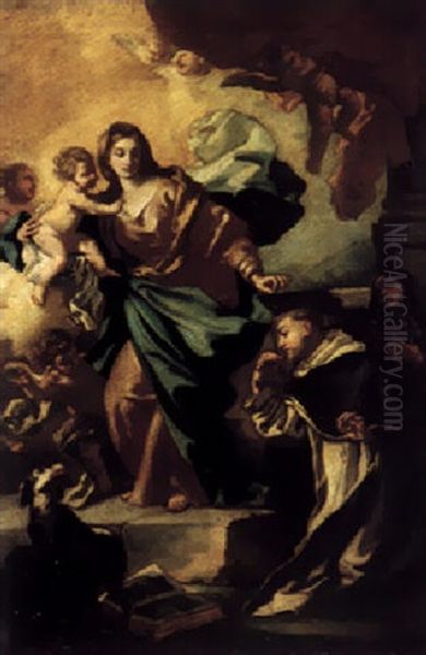 The Madonna And Child Presenting Saint Dominic With The Rosary Oil Painting by Francesco de Mura