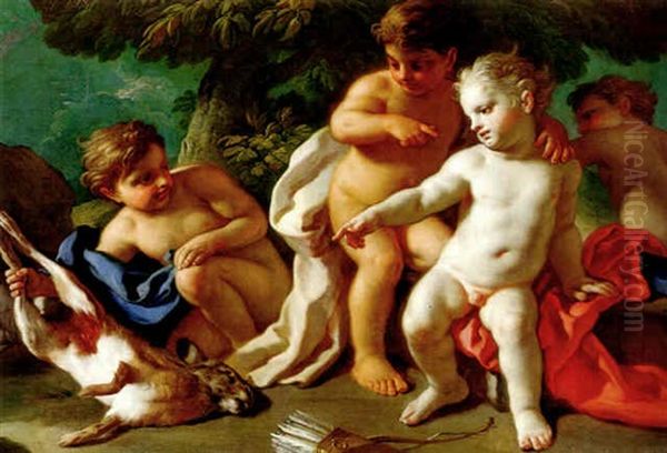 Putti With A Parrot And Other Birds Oil Painting by Francesco de Mura