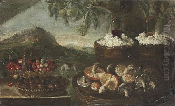 Baskets With Cherries, Strawberries, Chestnuts And Mushrooms On Astoneledge, A Landscape With A Horse Beyond Oil Painting by Bartolommeo Bimbi