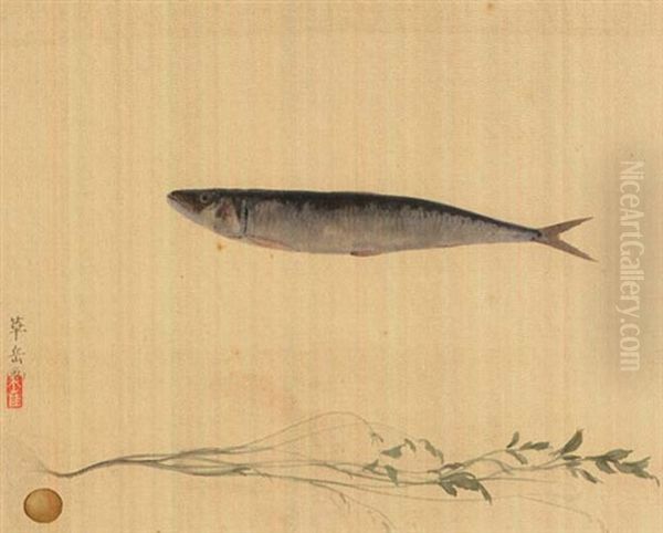 Sardine And Vegetables Oil Painting by Kagaku Murakami