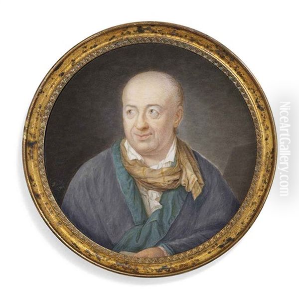 Salomon Gessner, In Green-lined Blue Gown, White Shirt And Striped Tan Scarf Worn Loosely Around His Neck Oil Painting by Peter Balthasar von Muralt