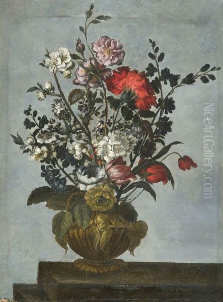 Bouquet De Fleurs Dans Un Vase Sculpte Oil Painting by Bartolommeo Bimbi