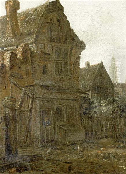 A Courtyard In A Village, With A Church Tower In The Distance by Emanuel Murant