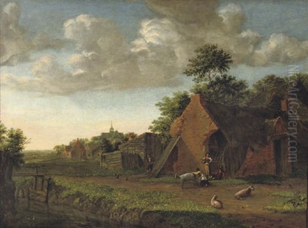 A Landscape With Figures And Livestock In A Farmyard Oil Painting by Emanuel Murant