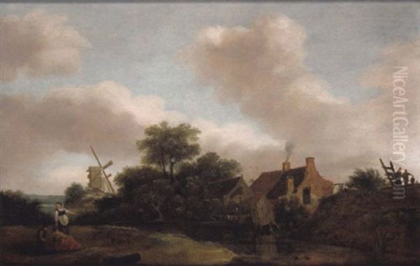 Hollandische Fluslandschaft Mit Einer Windmuhle Und Rastenden Oil Painting by Emanuel Murant