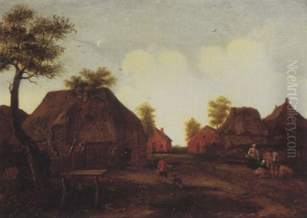 A Village Road With Peasants And Their Livestock Oil Painting by Emanuel Murant