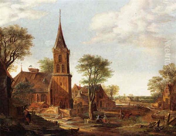 A Village Scene With Figures Near A Church Oil Painting by Emanuel Murant