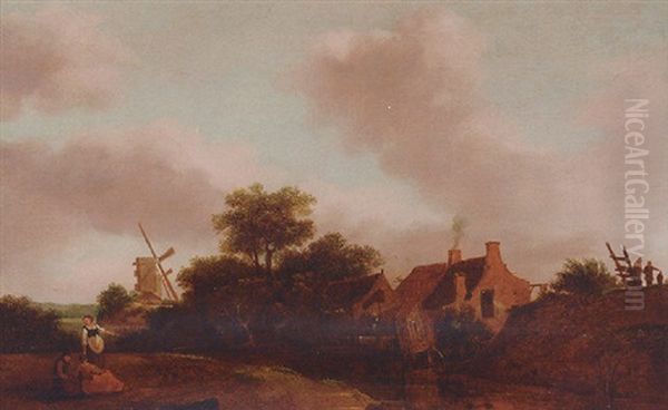 A River Landscape With Peasants Resting On A Bank, Cottages And A Windmill Beyond Oil Painting by Emanuel Murant