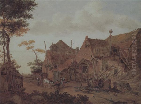 Eine Dorfstrasse Und Bauern Mit Kuhen An Einer Futterkrippe Oil Painting by Emanuel Murant