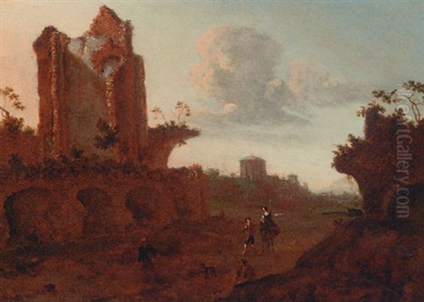 Travellers On A Track Before A Ruin Oil Painting by Emanuel Murant