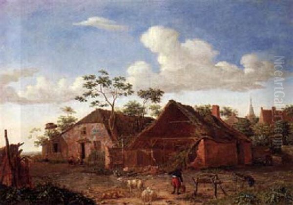 A Village Street With A Man Feeding His Sheep, A View Of A Church Tower Beyond by Emanuel Murant