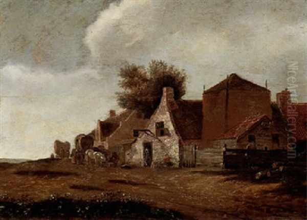 A Horse And Cart Halted Outside A Village Inn Oil Painting by Emanuel Murant