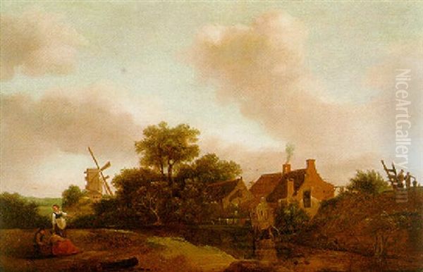 Dorf Mit Windmuhlen Und Rastenden An Einem Flus Oil Painting by Emanuel Murant